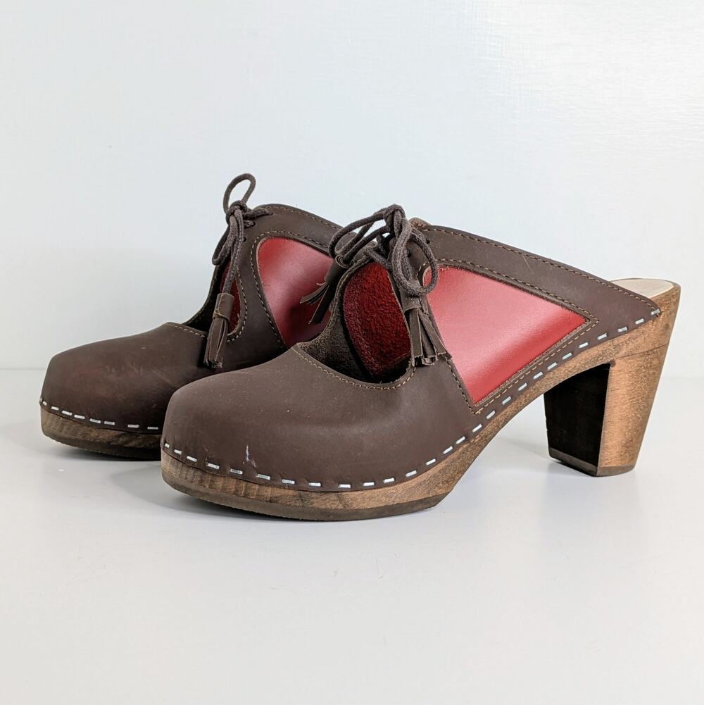 Maguba Slip On Clogs 39 Brown Red Leather Tassel Detail Wood Heel Scandinavian
